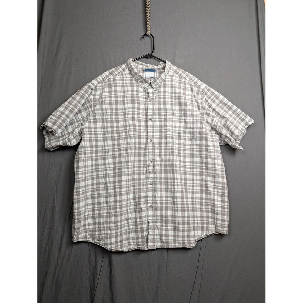 Columbia Mens 4X Short Sleeve Button Down Shirt Gray White Gingham Plaid Cotton